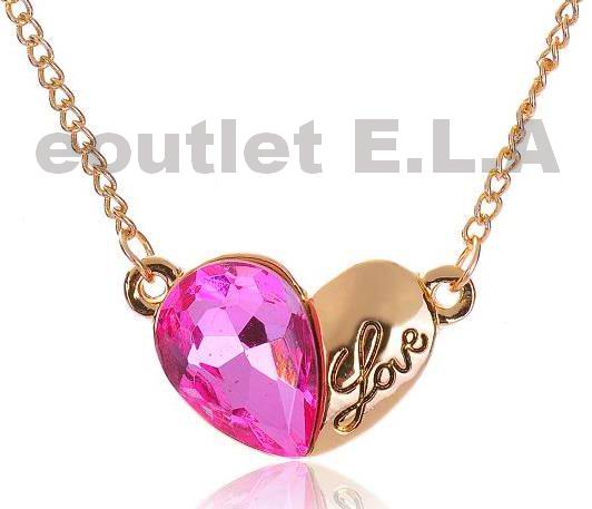 GORGEOUS PINK CRYSTAL LOVE HEART NECKLACE-50cm